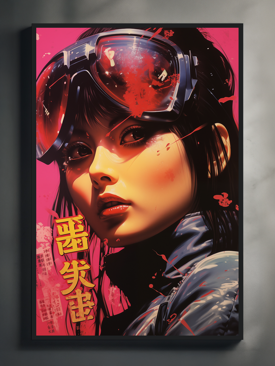 Close-up of a futuristic woman wearing red-tinted goggles, styled in a cyberpunk aesthetic with vibrant pink and red tones. The framed artwork features Japanese characters on the left side and is set against a bold magenta background with graphic, high-contrast lighting and a glossy finish.