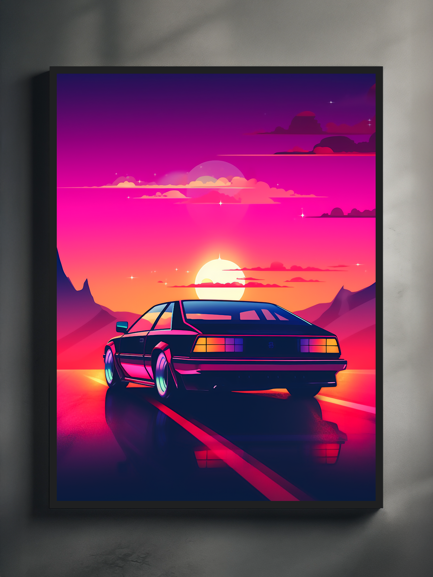 Framed_Neon_Sunset_Car_Poster_