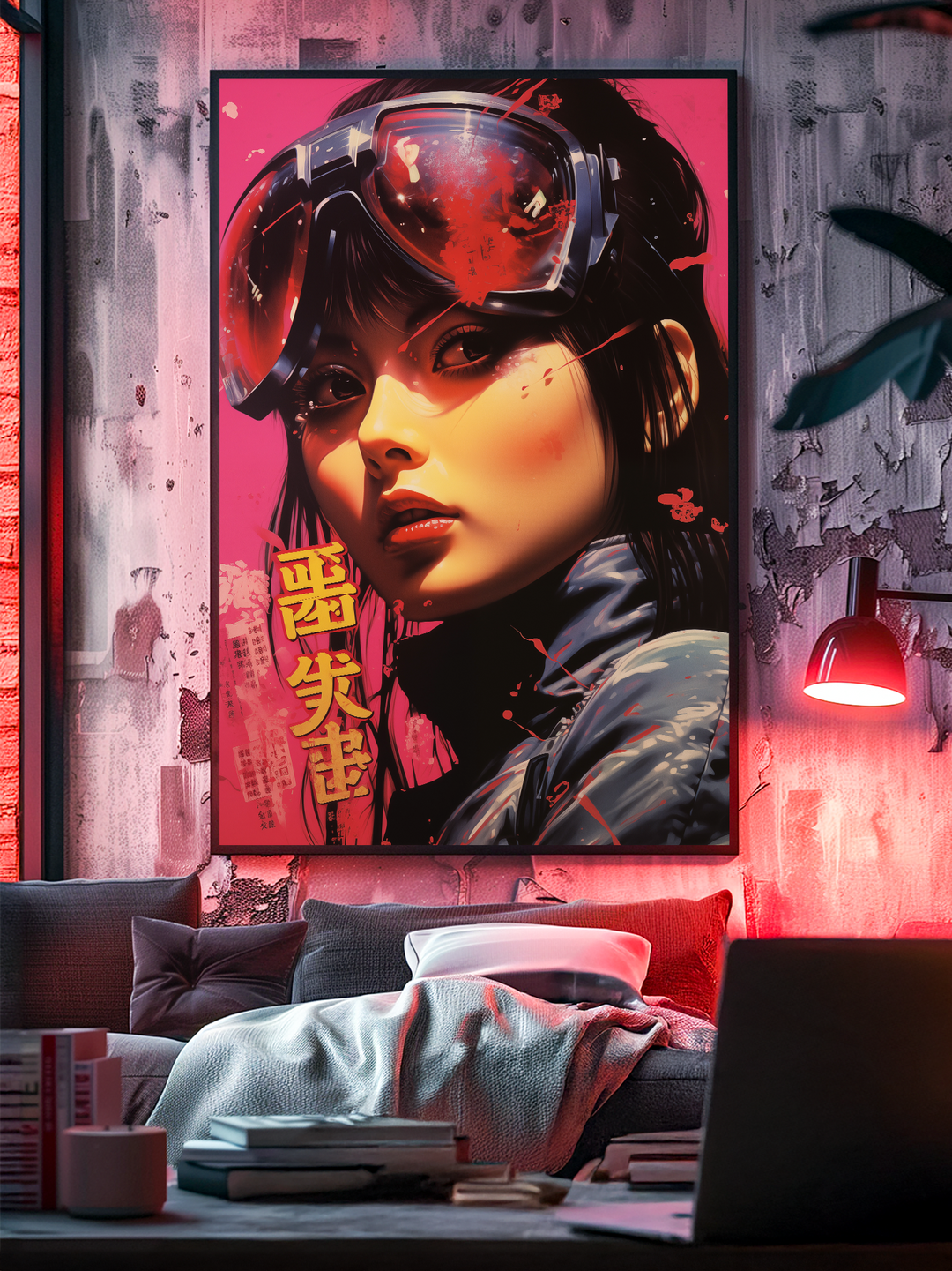 Striking cyberpunk poster of a woman wearing large reflective red goggles, set against a vivid pink background with Japanese characters. Displayed in a moody industrial room with concrete walls, red neon lighting, and a cozy sofa with blankets and books, the artwork adds a bold futuristic atmosphere.