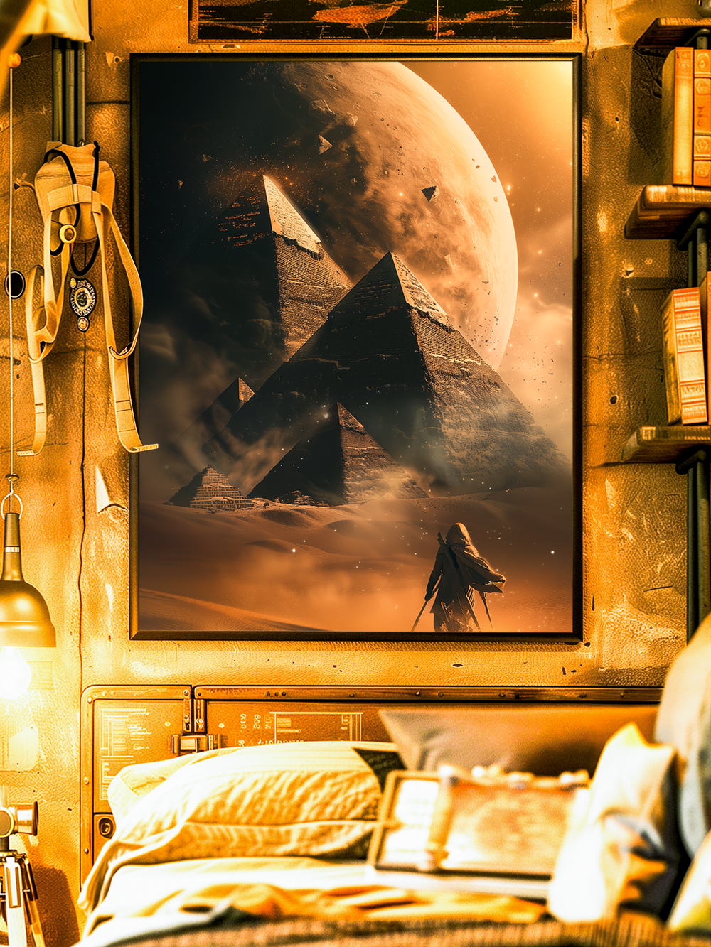A dramatic wall art poster depicting massive pyramids in a desert under a giant glowing planet. A cloaked traveler stands in the foreground, adding mystery and scale. The artwork blends ancient Egyptian symbolism with retrofuturistic science fiction, creating a surreal and cinematic atmosphere. Displayed in a golden-toned bedroom filled with books, lamps, and warm desert-inspired decor, this piece radiates adventure and cosmic wonder.