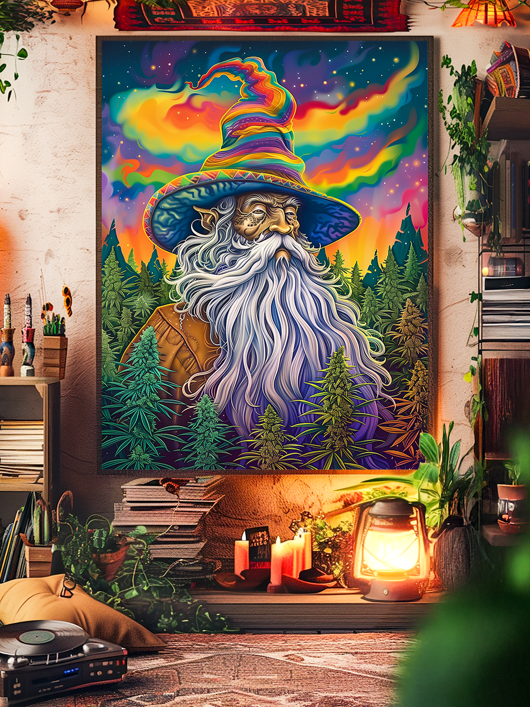 Colorful psychedelic poster of a wizard with a rainbow hat and flowing beard, surrounded by cannabis plants in an enchanted forest under a glowing aurora night sky, displayed in a cozy bohemian room with candles and plants.