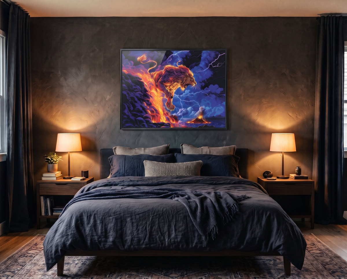 Thunderclaw fantasy poster in a slim black frame above a bed in a cozy dark bedroom