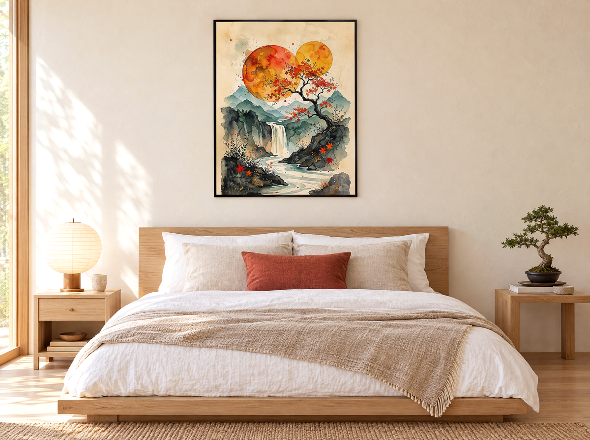 KOYO Japanese watercolor poster with red maple tree and two moons above a bed in a bedroom