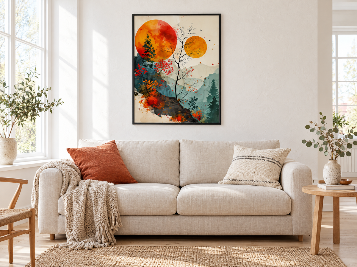 Large framed watercolor mountain sunset poster hanging above a light linen sofa in a bright Scandinavian living room