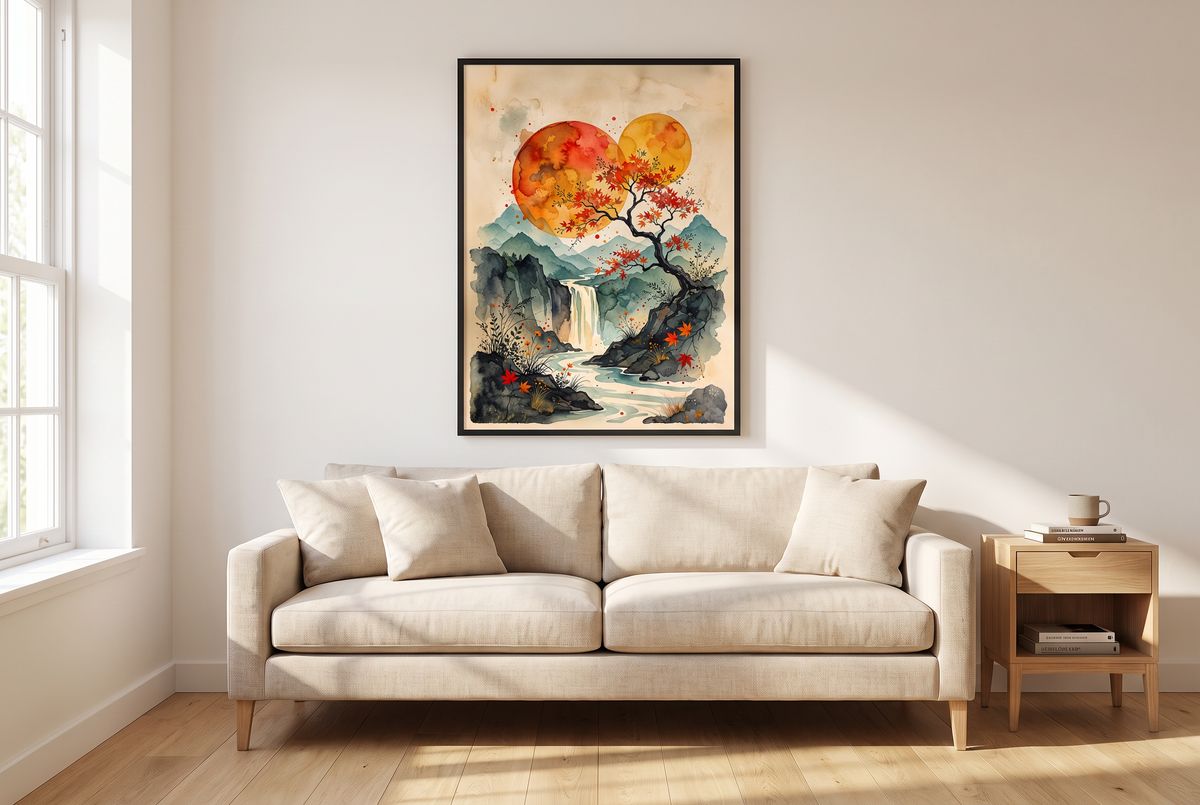Large framed Japanese watercolor poster centered above a beige linen sofa in a bright living room