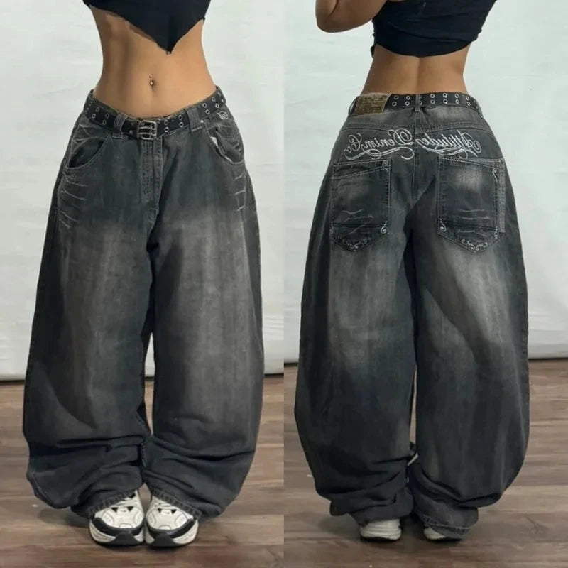 American New Fashion Oversized Print Black Old Baggy Jeans Women Y2K Harajuku Hip Hop Popular Casual Joker Wide-Leg Pants