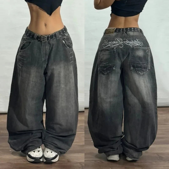 American New Fashion Oversized Print Black Old Baggy Jeans Women Y2K Harajuku Hip Hop Popular Casual Joker Wide-Leg Pants