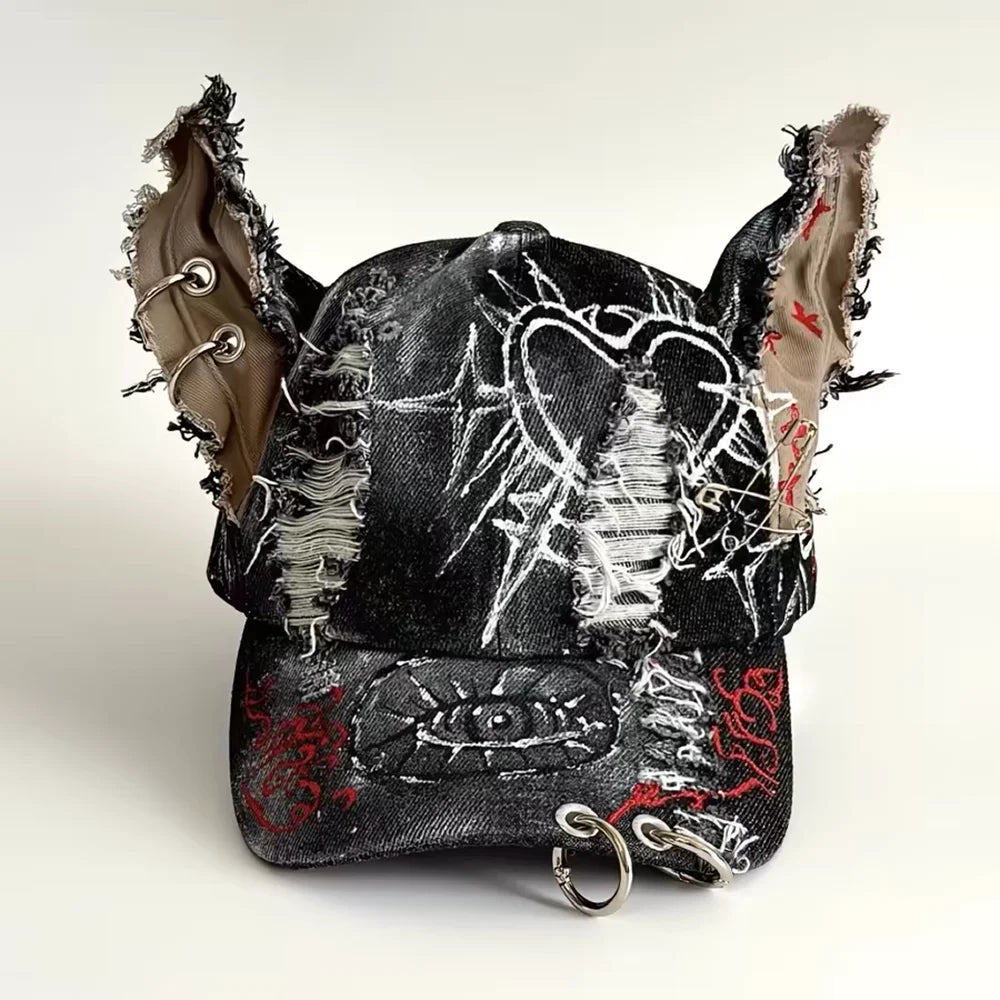 NEW Y2K Girl New Jeans Stereoscopic Ears Cowboy Baseball Hat Wash Graffiti Hip Hop Cap Women Men Party Team Baseball Cap
