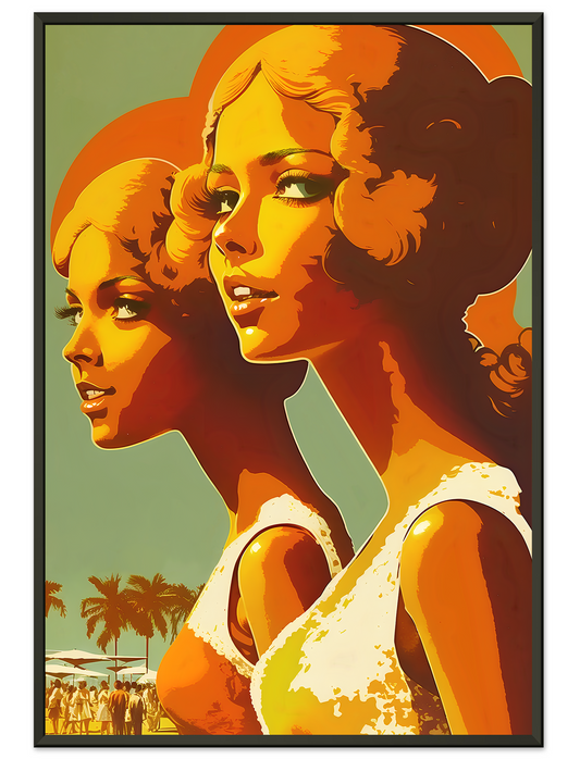 Two Women At Beach With Palm Trees In The Summer, Vintage 1950s Beach Poster