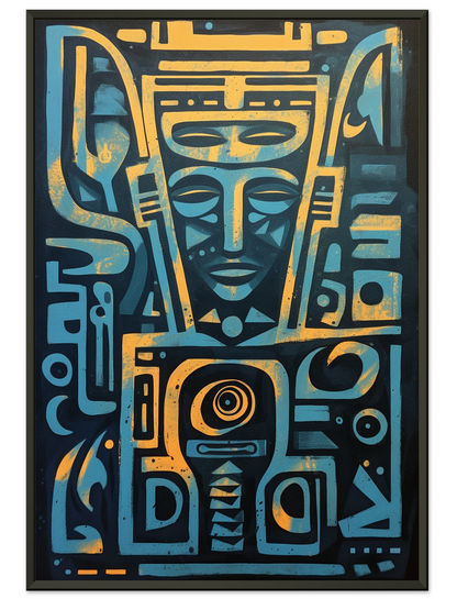 Egyptian God Face, Blue Yellow Egyptian Hieroglyphics Poster, Mystic Mask Art