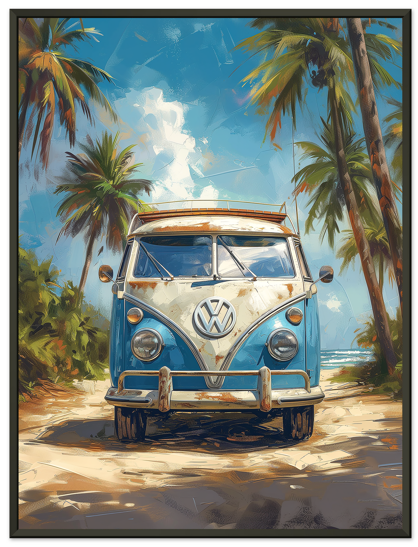 Retro VW Van On California Coastline, Palette Knife Textured Painting