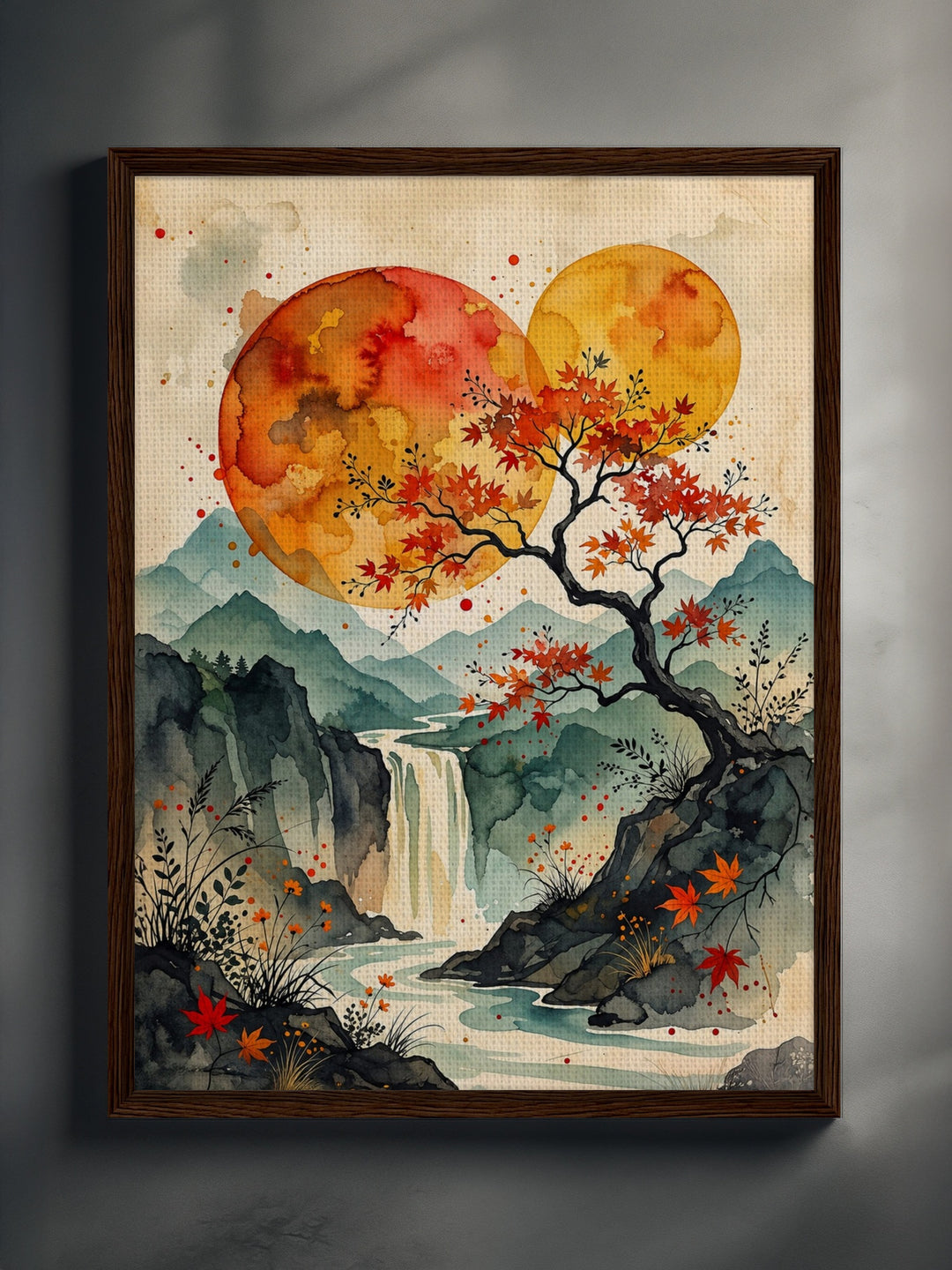 KOYO framed canvas print in a dark wood floating frame, Japanese watercolor wall art