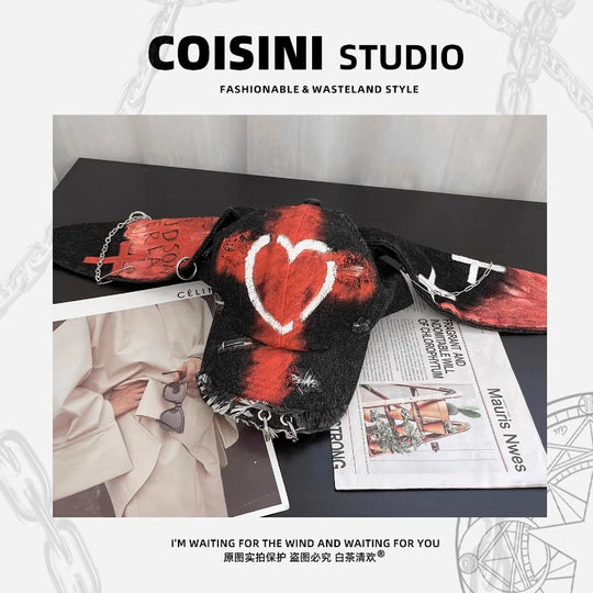 Designer Wasteland Style Love Graffiti Rabbit Ear Baseball Cap Y2K Autumn Winter Street Personality Hole Retro Denim Hats Unisex