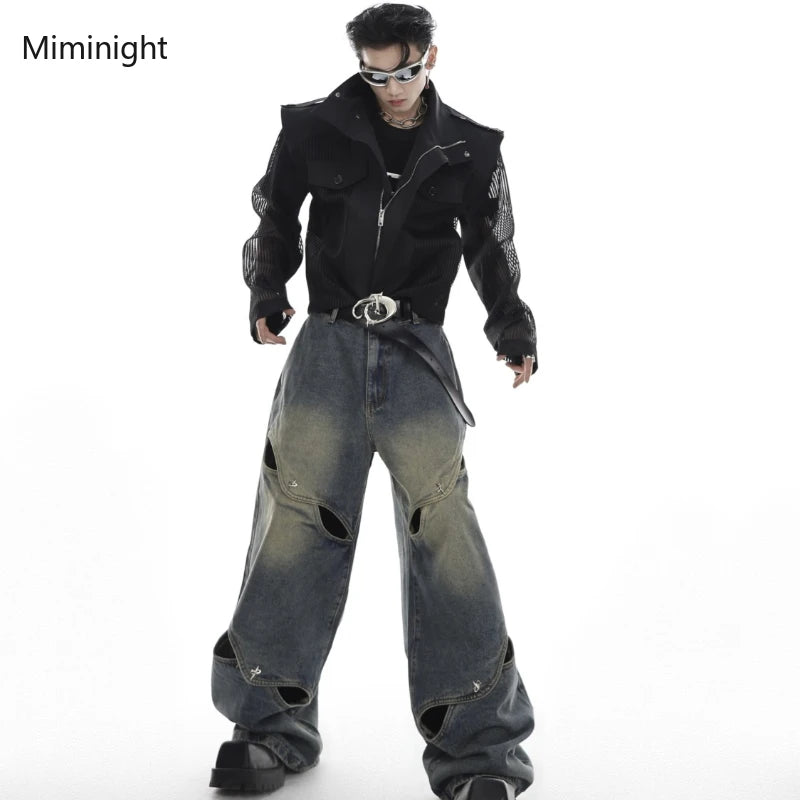 Vintage Y2K Wide Leg Jeans Pants Men Streetwear Baggy Distressed Denim Trousers Male Oversize Hollow Out Casual Korean Hip Hop