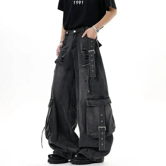 American Style Men'S Jeans Solid Color Multi Pockets Casual Worn-Out Trousers Deconstruction Wide Leg Denim Pants 9W4066