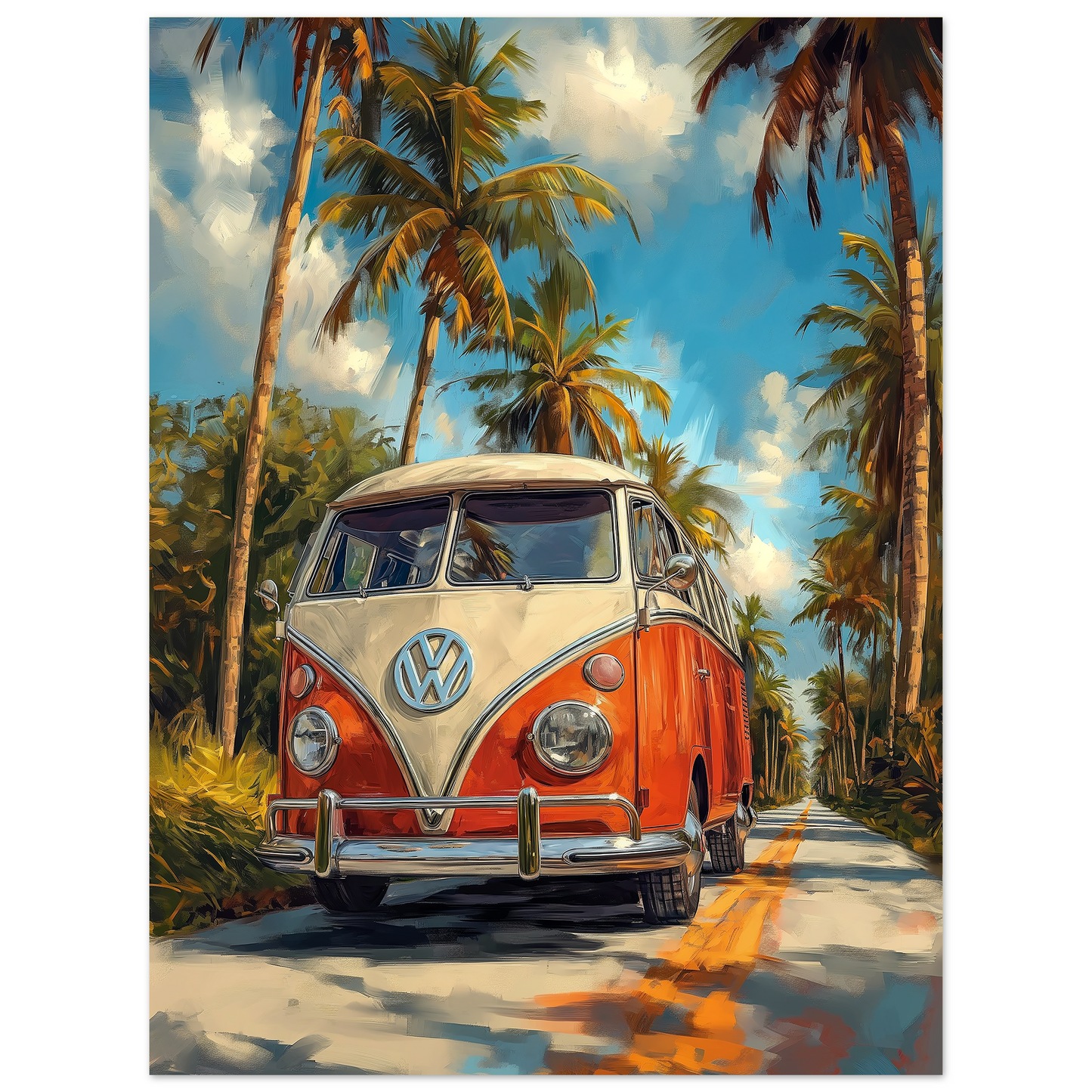 VW Camper With Palm Trees, Palette Knife Textured Painting