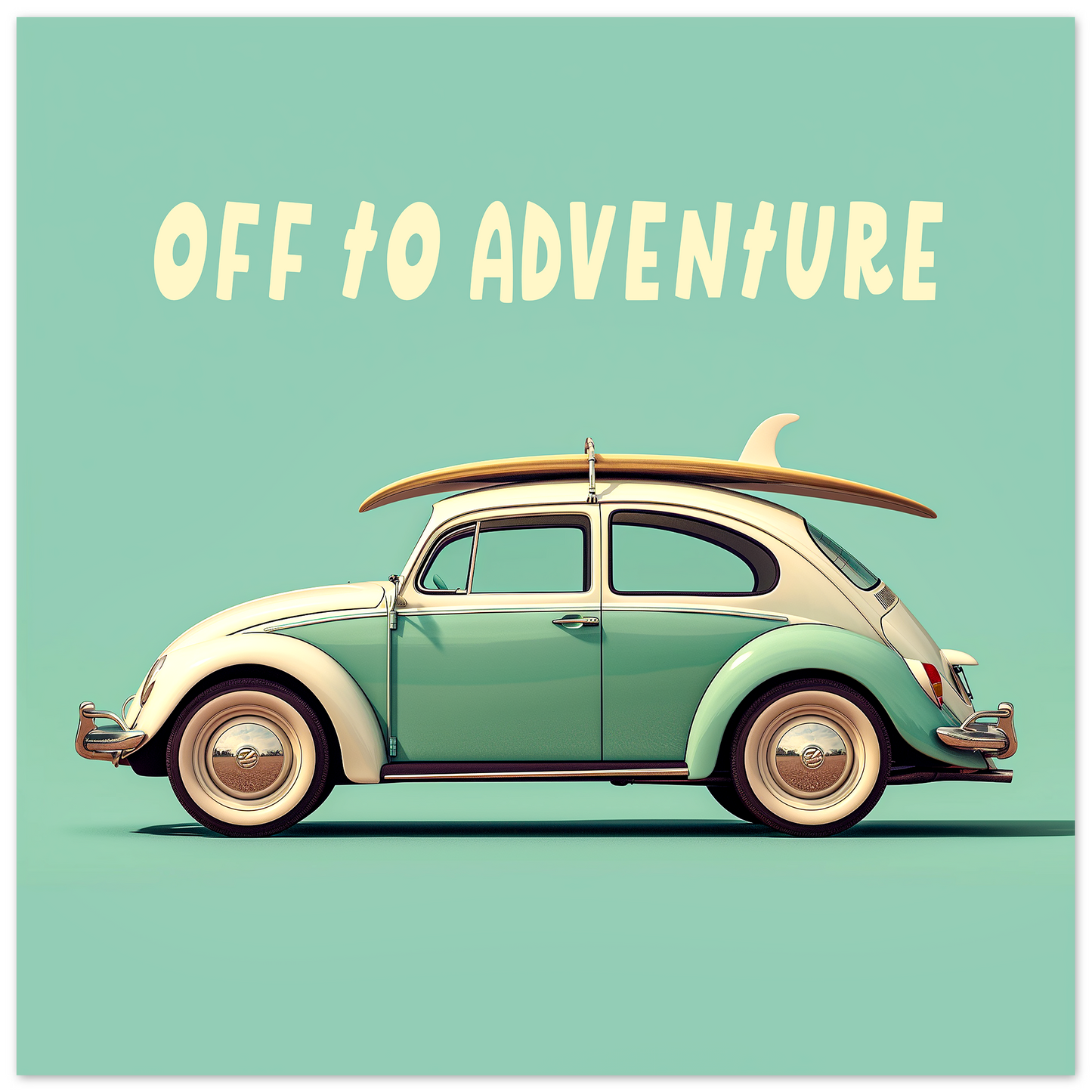 Off To Adventure, Volkswagen Beetle With Surf Board