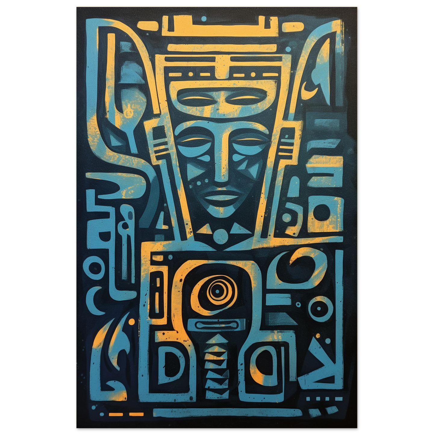 Egyptian God Face, Blue Yellow Egyptian Hieroglyphics Poster, Mystic Mask Art