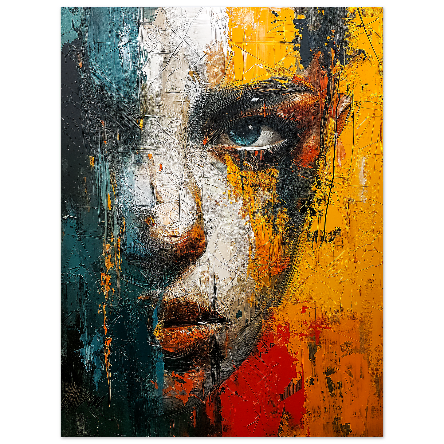 Colorful Face Oil Painting, Abstract Female Face Poster, Textured Canvas