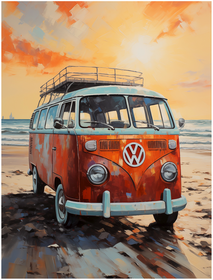 Retro VW Van On California Coastline, Palette Knife Textured Painting