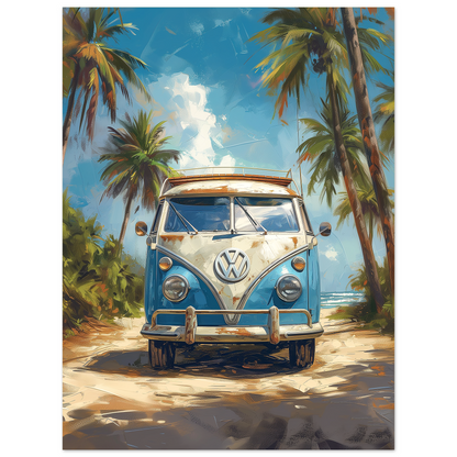 Retro VW Van On California Coastline, Palette Knife Textured Painting