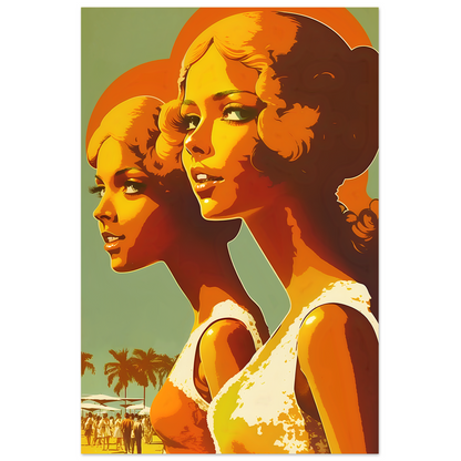 Two Women At Beach With Palm Trees In The Summer, Vintage 1950s Beach Poster