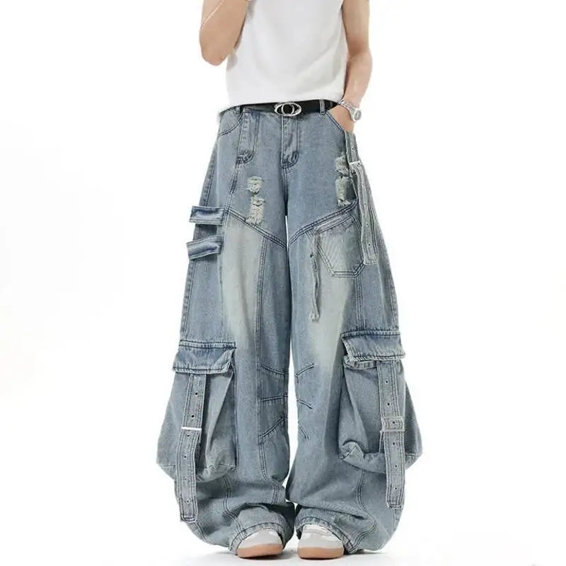 American Style Men'S Jeans Solid Color Multi Pockets Casual Worn-Out Trousers Deconstruction Wide Leg Denim Pants 9W4066