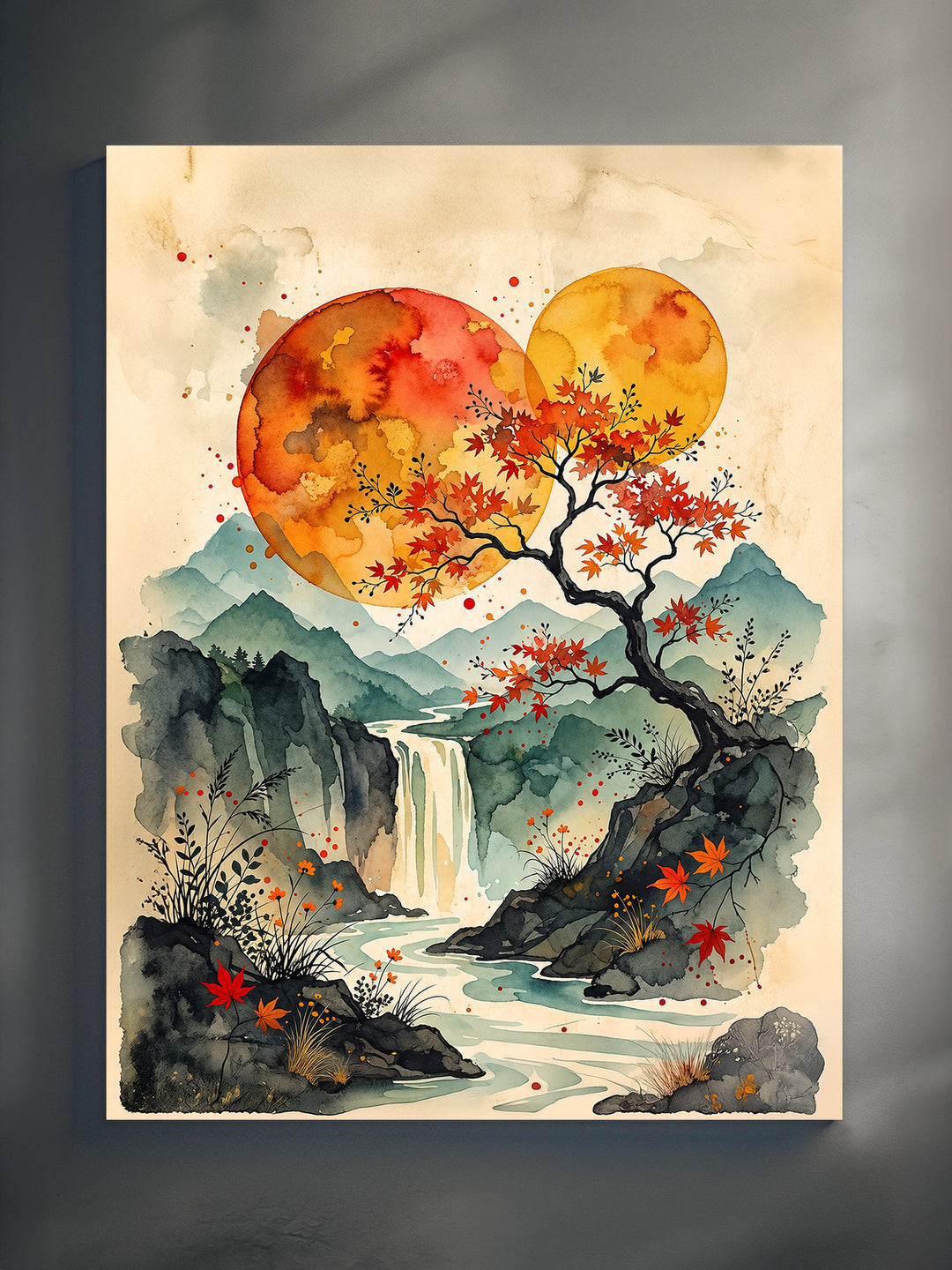 KOYO unframed art print, Japanese watercolor landscape with red maple tree, moons and waterfall