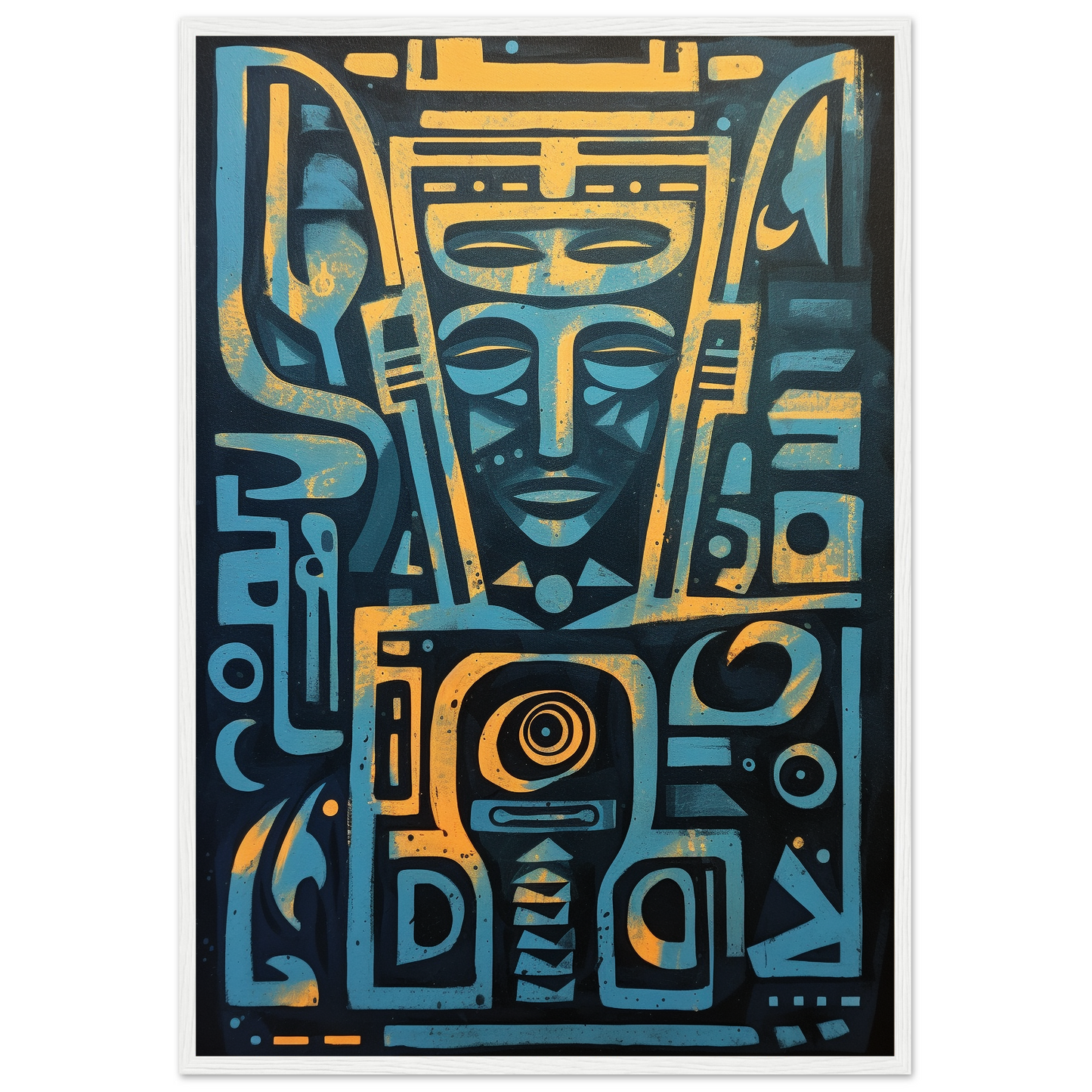 Egyptian God Face, Blue Yellow Egyptian Hieroglyphics Poster, Mystic Mask Art