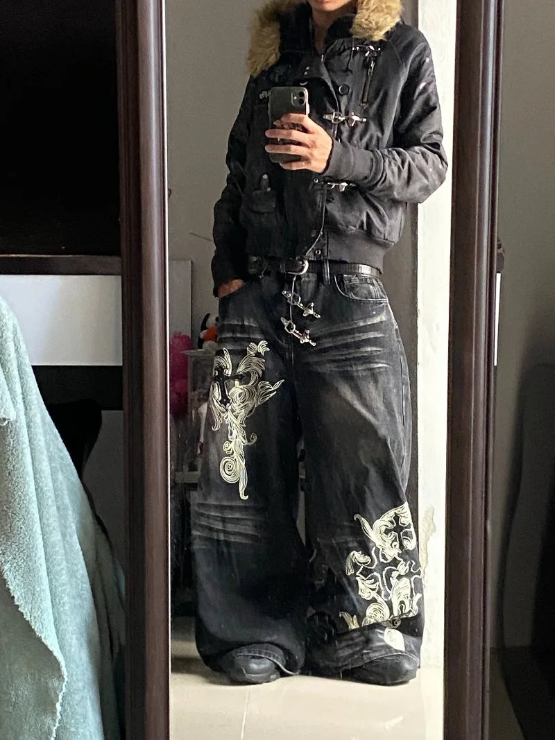 American New Fashion Oversized Print Black Old Baggy Jeans Women Y2K Harajuku Hip Hop Popular Casual Joker Wide-Leg Pants