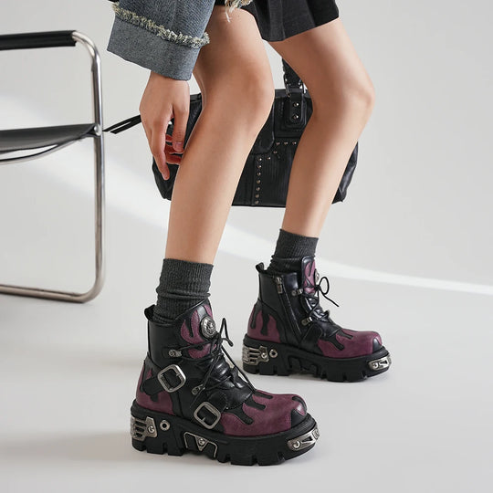 New Punk Women Platform Ankle Boots Female'S Rock round Toe Lace up Fashion Retro Chunky Shoes Metal Decor Short Boots