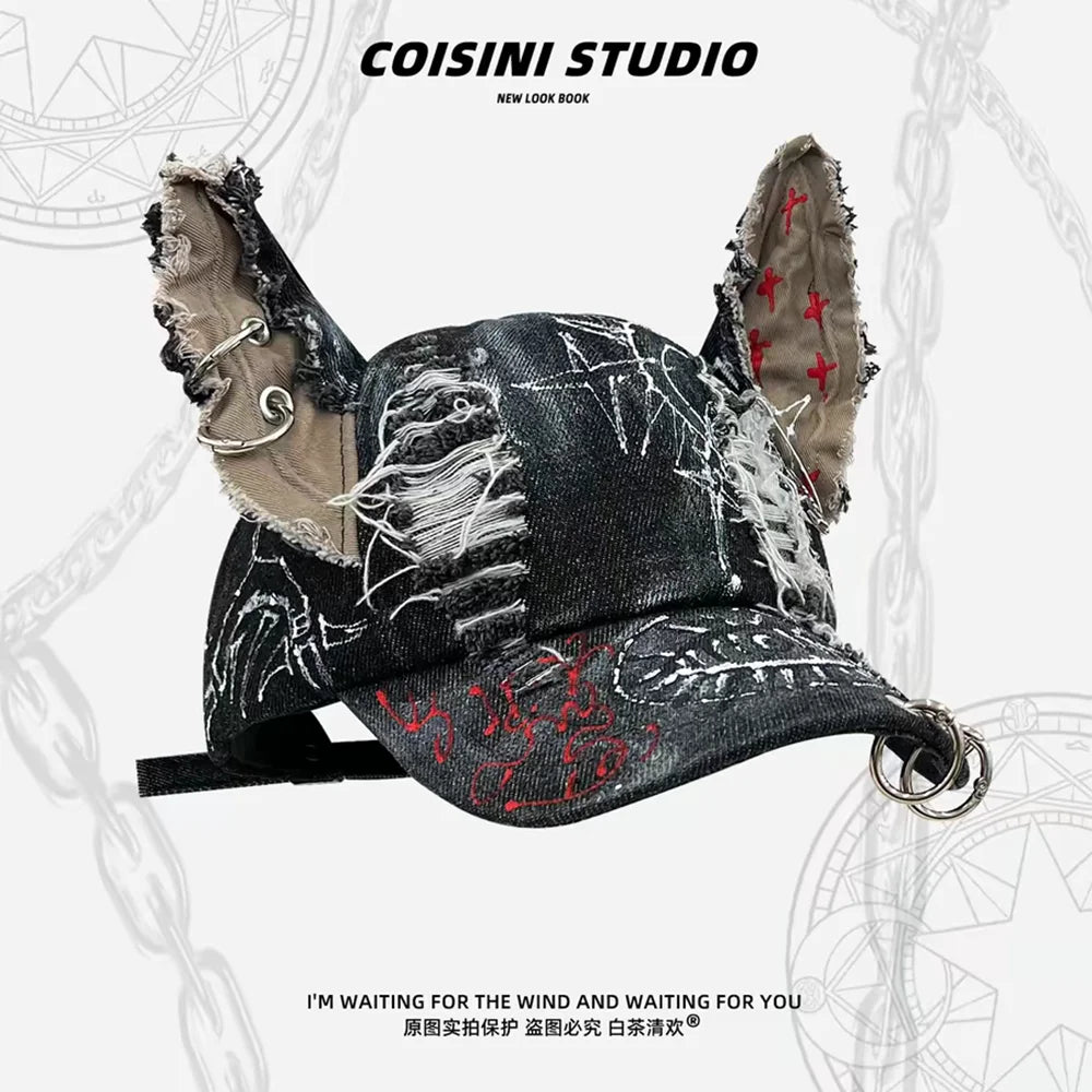 NEW Y2K Girl New Jeans Stereoscopic Ears Cowboy Baseball Hat Wash Graffiti Hip Hop Cap Women Men Party Team Baseball Cap