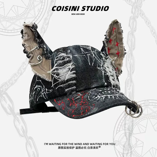 NEW Y2K Girl New Jeans Stereoscopic Ears Cowboy Baseball Hat Wash Graffiti Hip Hop Cap Women Men Party Team Baseball Cap