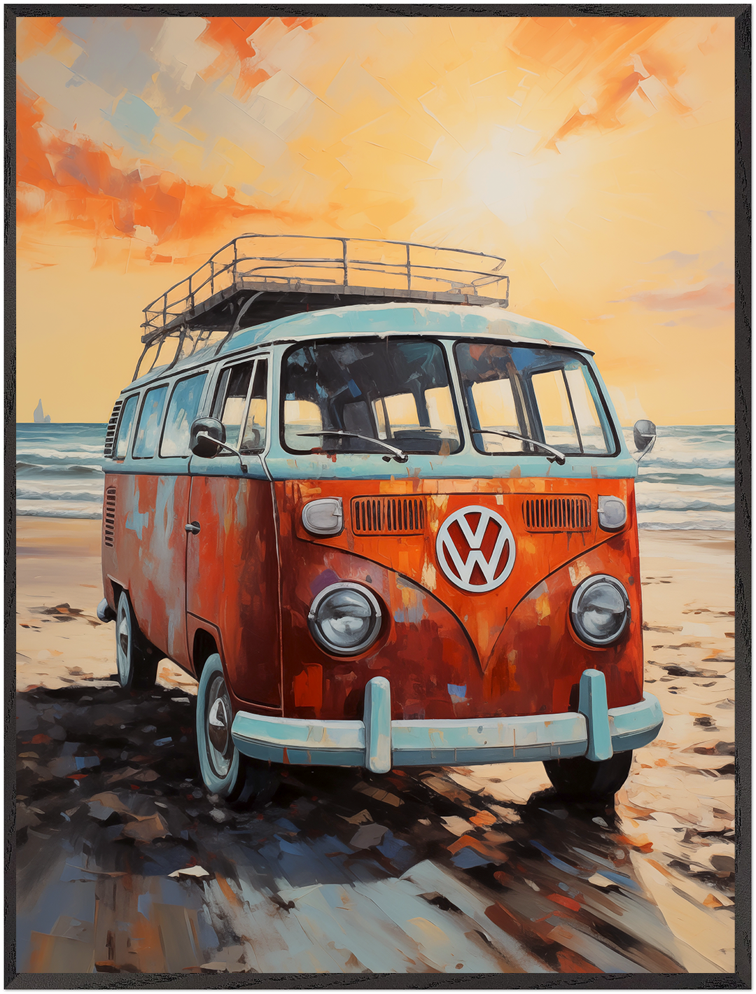 Retro VW Van On California Coastline, Palette Knife Textured Painting