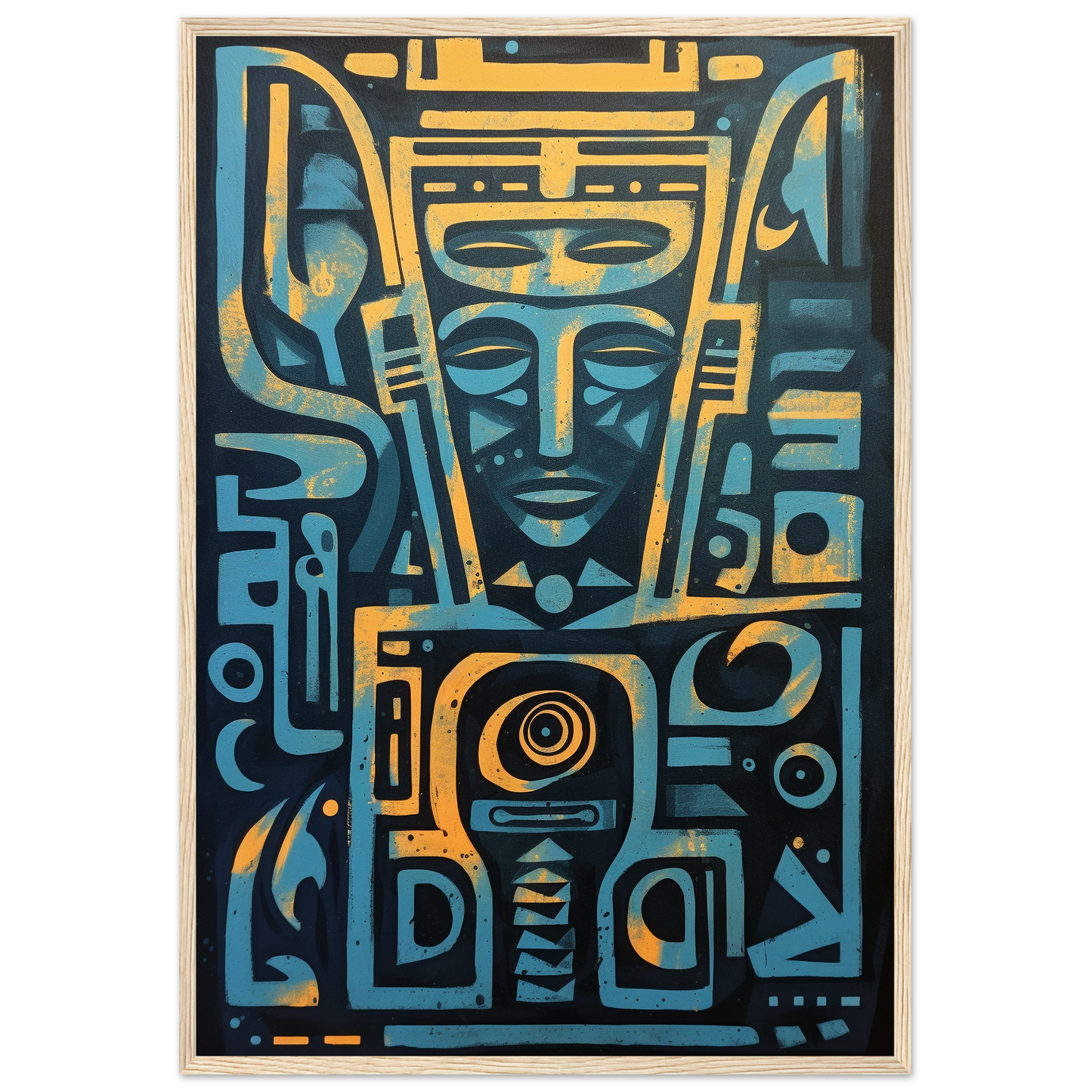 Egyptian God Face, Blue Yellow Egyptian Hieroglyphics Poster, Mystic Mask Art