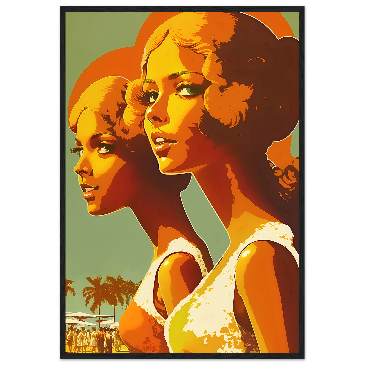 Two Women At Beach With Palm Trees In The Summer, Vintage 1950s Beach Poster