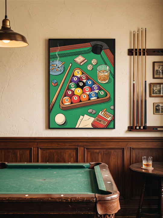 Framed vintage pool table poster Gentleman's Table in a cozy game room with a real pool table, a cue rack, wood wainscoting and a whiskey glass on a side table