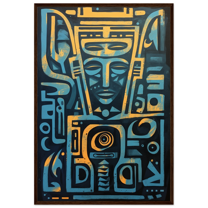 Egyptian God Face, Blue Yellow Egyptian Hieroglyphics Poster, Mystic Mask Art