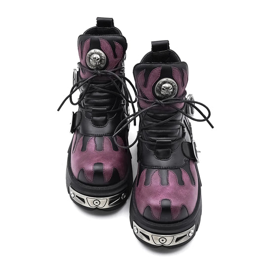 New Punk Women Platform Ankle Boots Female'S Rock round Toe Lace up Fashion Retro Chunky Shoes Metal Decor Short Boots