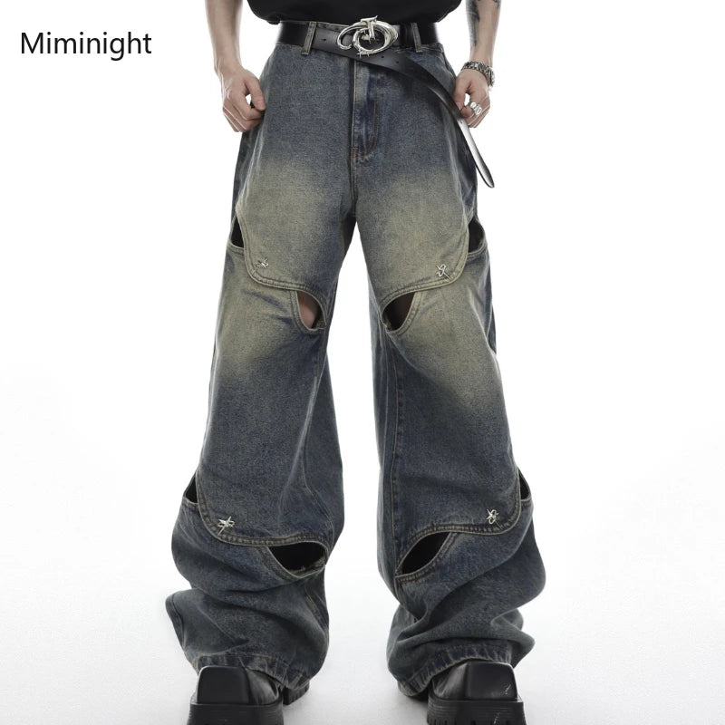 Vintage Y2K Wide Leg Jeans Pants Men Streetwear Baggy Distressed Denim Trousers Male Oversize Hollow Out Casual Korean Hip Hop