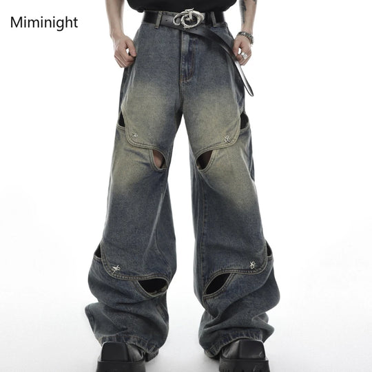 Vintage Y2K Wide Leg Jeans Pants Men Streetwear Baggy Distressed Denim Trousers Male Oversize Hollow Out Casual Korean Hip Hop