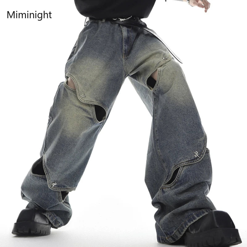 Vintage Y2K Wide Leg Jeans Pants Men Streetwear Baggy Distressed Denim Trousers Male Oversize Hollow Out Casual Korean Hip Hop