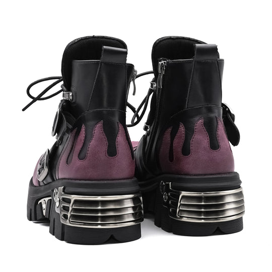 New Punk Women Platform Ankle Boots Female'S Rock round Toe Lace up Fashion Retro Chunky Shoes Metal Decor Short Boots
