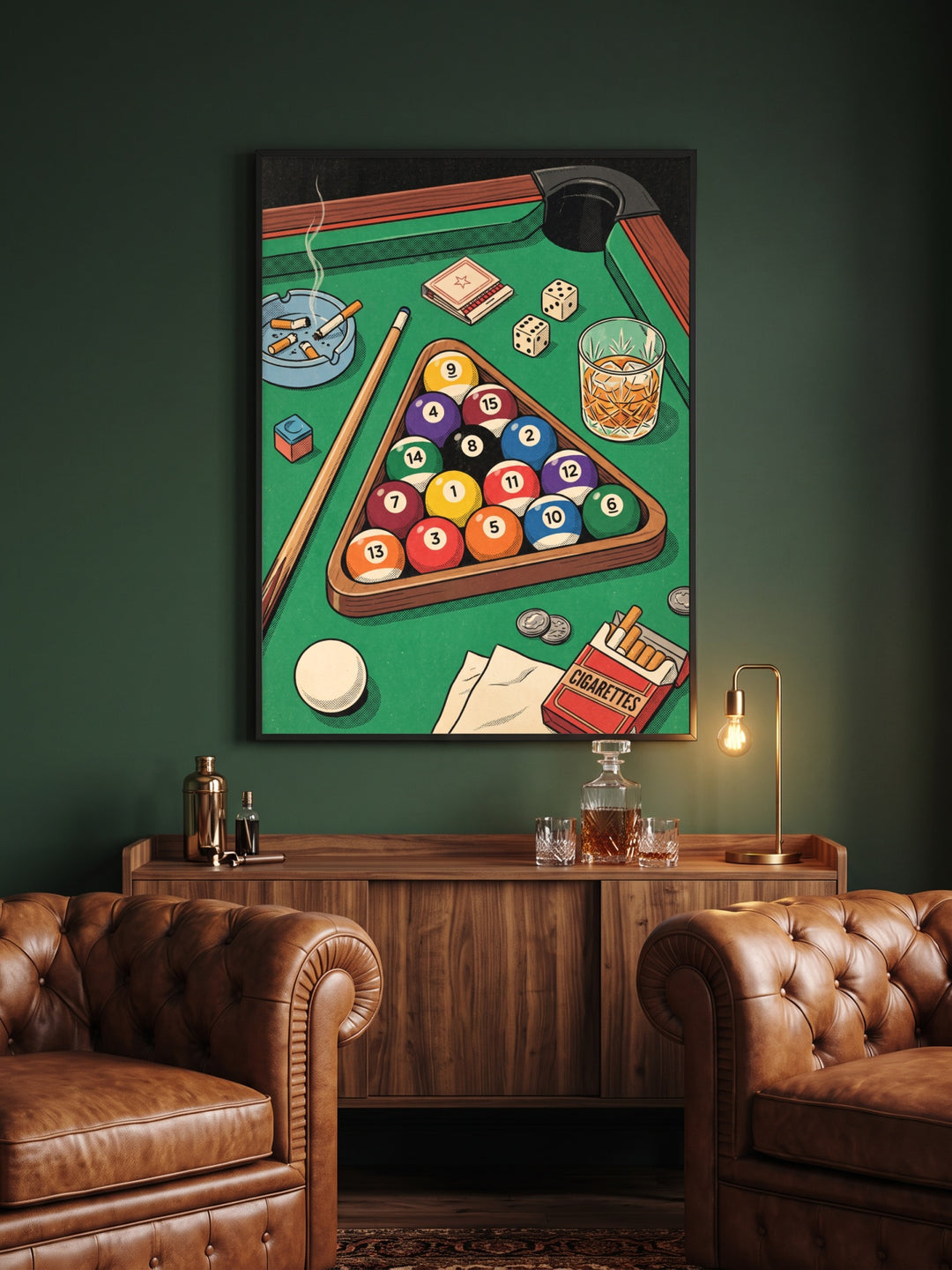 Framed retro billiard poster Gentleman's Table hanging above a walnut home bar with a whiskey decanter, between two cognac leather Chesterfield armchairs on a dark green wall