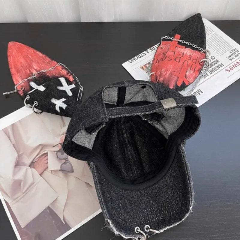 Designer Wasteland Style Love Graffiti Rabbit Ear Baseball Cap Y2K Autumn Winter Street Personality Hole Retro Denim Hats Unisex