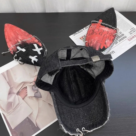 Designer Wasteland Style Love Graffiti Rabbit Ear Baseball Cap Y2K Autumn Winter Street Personality Hole Retro Denim Hats Unisex