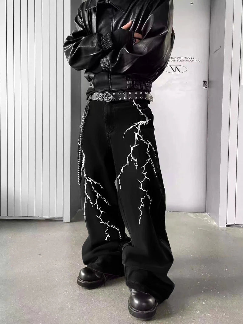 Y2K Fashion Baggy Jeans Black Men'S Streetwear Straight Oversize Wide-Leg Pants Vintage Lightning Pattern Loose Denim Trousers