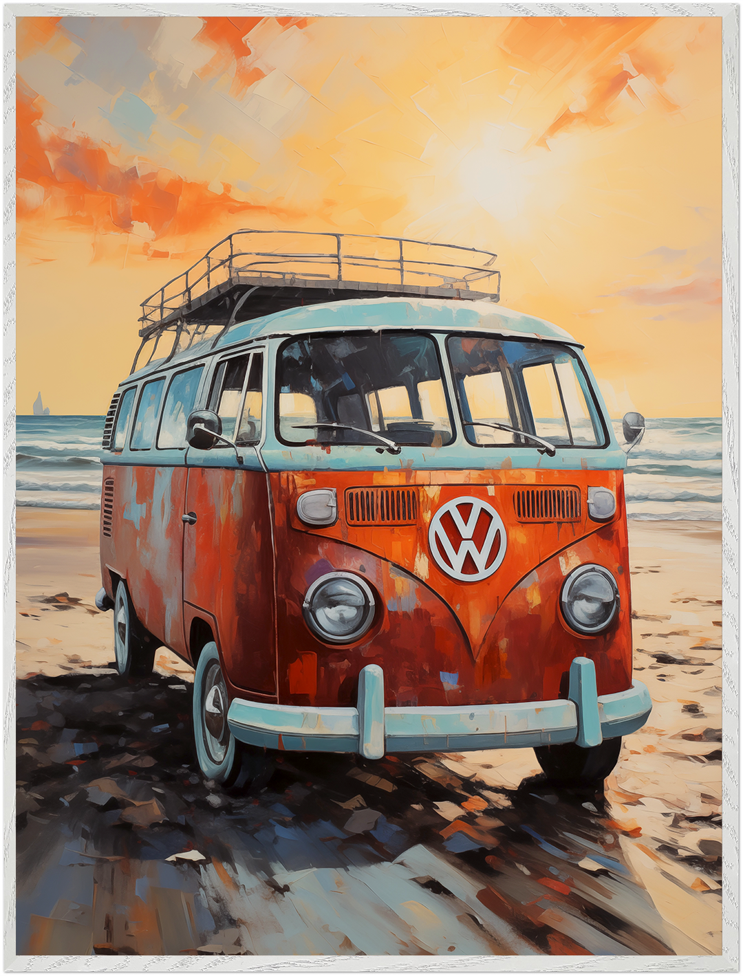 Retro VW Van On California Coastline, Palette Knife Textured Painting