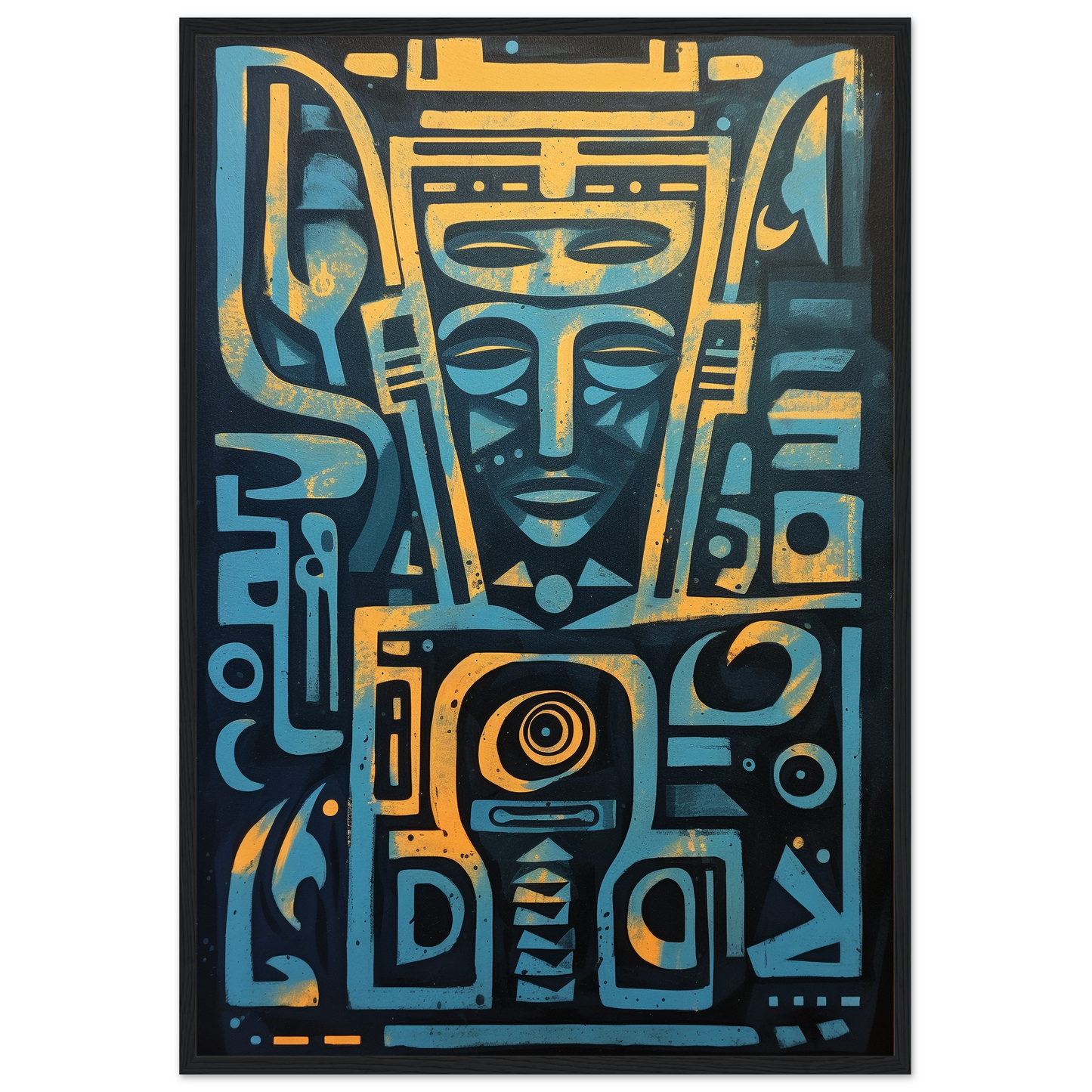 Egyptian God Face, Blue Yellow Egyptian Hieroglyphics Poster, Mystic Mask Art