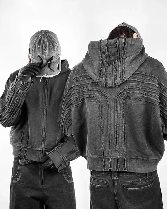 Retro Streetwear Cross Patchwork Hip Hop Zipper Hoodie Men Women Gothic Fashion Working Clothes Jacket Y2K Punk Hole Sweatshirt